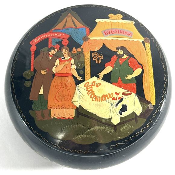 Vintage Antique Russian Hand Painted Enamel Round Trinket Box - Picture 2 of 6